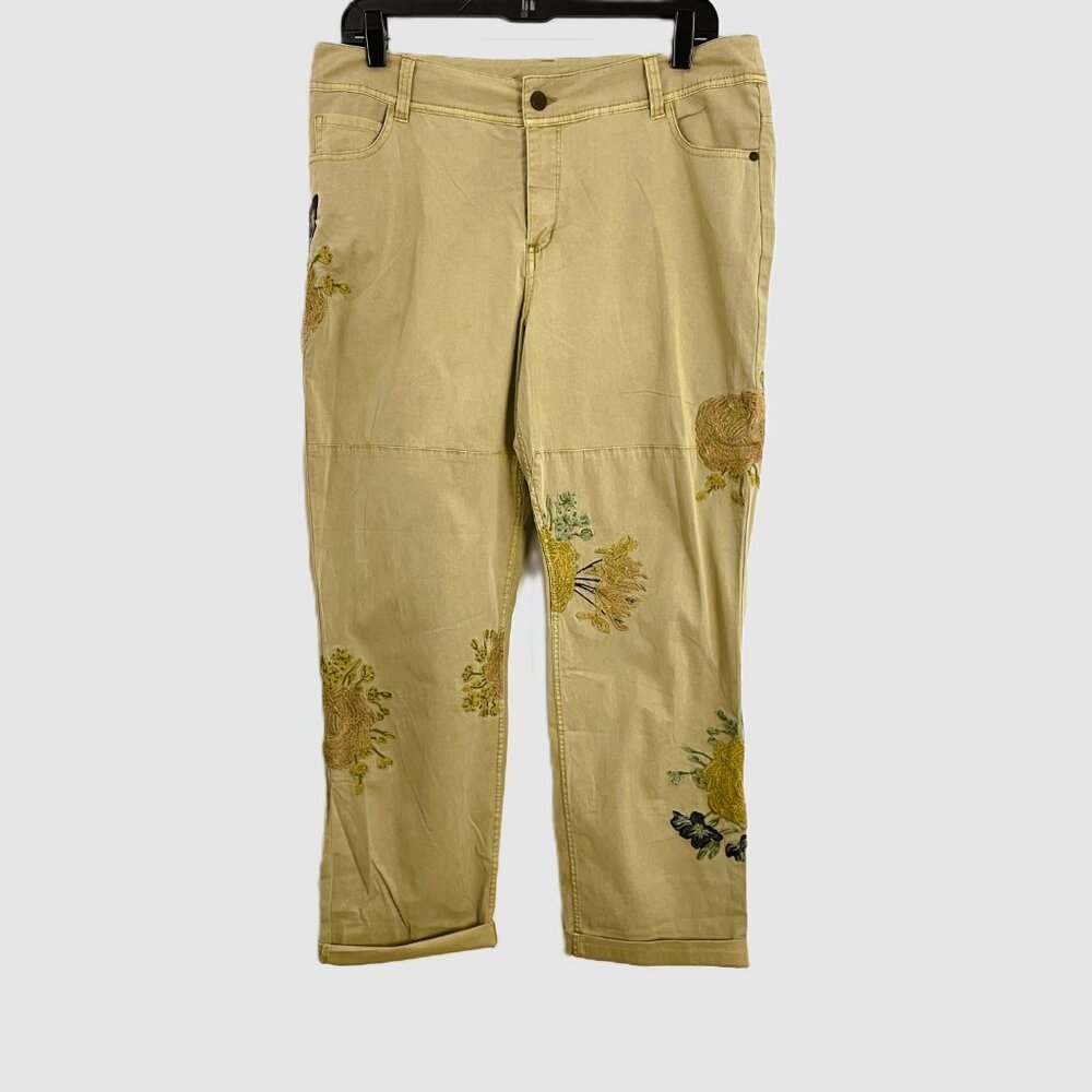 Sundance Floral Embroidered Stretch Cotton Twill Khaki Pants